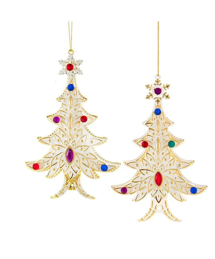 Set of 2 White and Gold Jeweled Christmas Tree Ornaments
