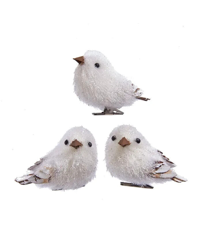 Set of 3 White Tinsel Bird With Clip Ornaments C7850
