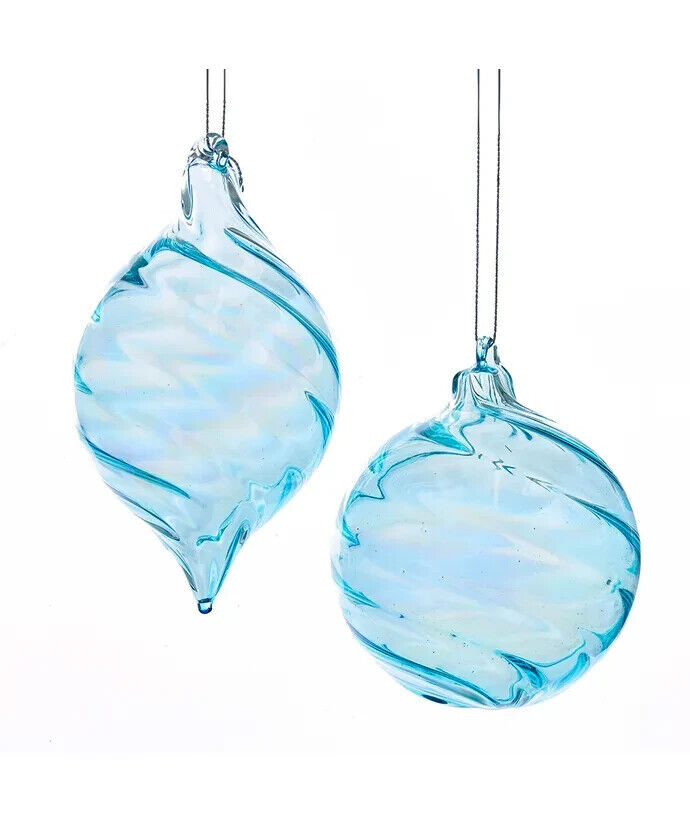 Set of 2 Glass Ice Blue Swirl Ornaments    D3149