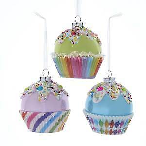 Set of 3 Glass Green, Pink and Blue Cupcake Ornaments