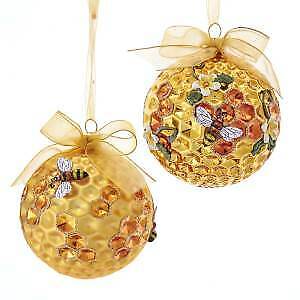 Set of 2 80MM Glass Gold Ball With Honeycomb and Bee Pattern Ornaments T2702