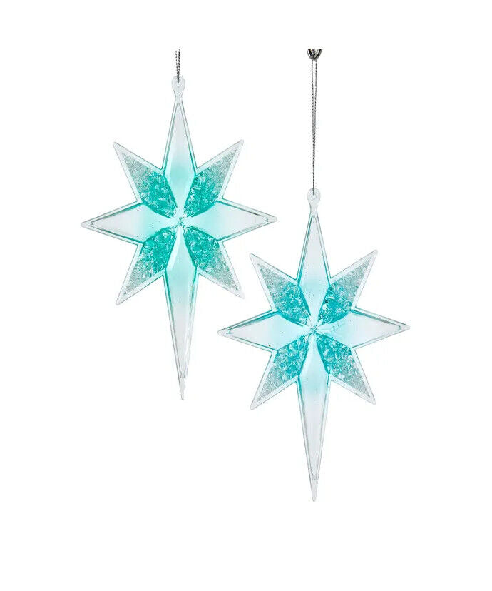 Set of 2 Turquoise Glittered Star Ornaments T3161