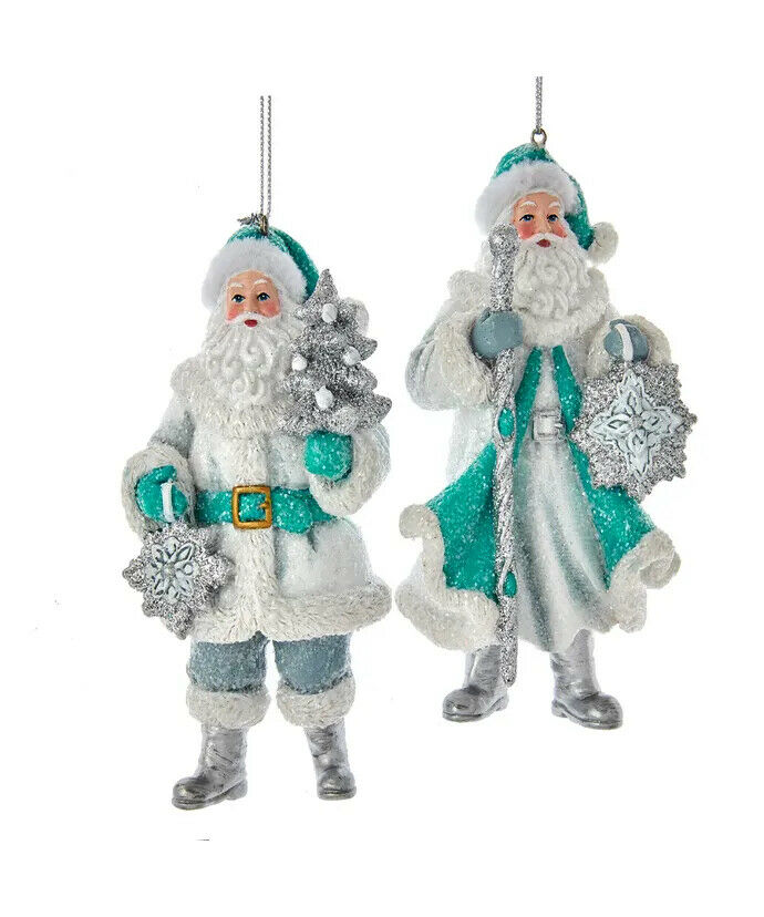 Set of 2 Turquoise and White Santa Ornaments