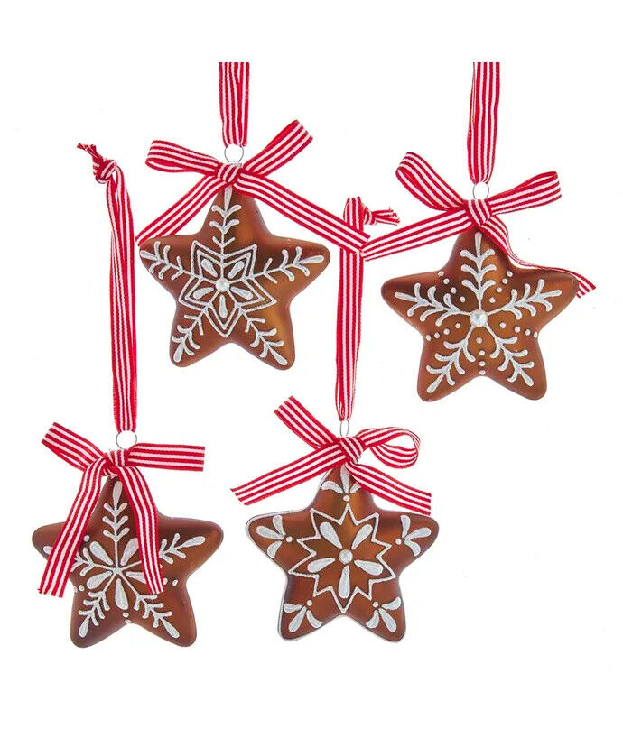 Set of 4 Glass Gingerbread Star With Ribbon Ornaments  F2115
