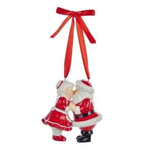 Porcelain Kissing Santa and Mrs. Claus With Red Ribbon Hanger Ornament