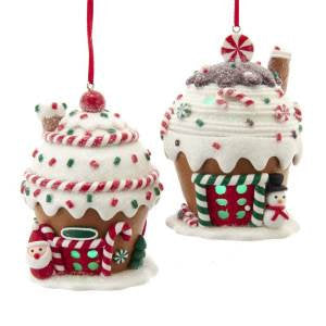 Set of 2 Battery-Operated LED Gingerbread House Cupcake Ornaments