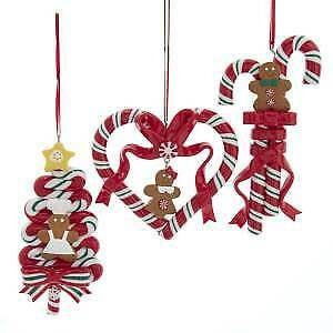 Set of 3 Gingerbread Tree, Heart and Candy Cane Ornaments