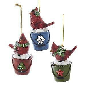 Set of 3 Cardinal In Bucket Ornaments