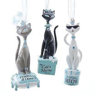 Set of 3 Grey, White and Black Cat With Sayings Ornaments