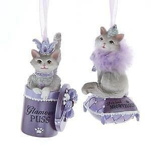 Set of 2 Royal Splendor Purple and Silver Cat Ornaments