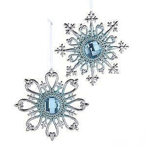 Set of 2 Silver and Blue Snowflake With Gemstone Ornaments
